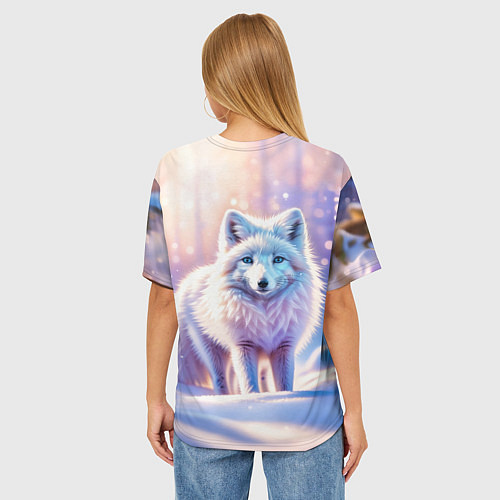 Женская футболка оверсайз Заснеженный зимний пейзаж с песцом / 3D-принт – фото 4