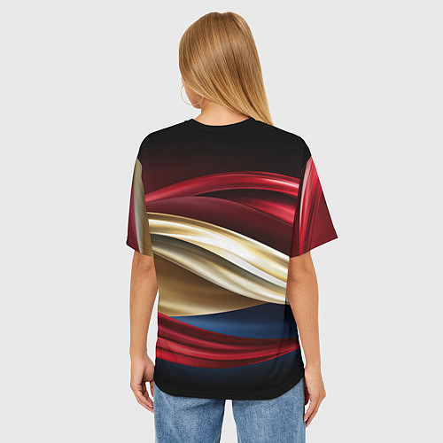 Женская футболка оверсайз Золотые и красные волны абстракции / 3D-принт – фото 4