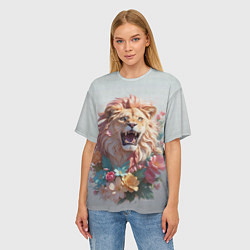 Футболка оверсайз женская Голова льва в цветах на холсте, цвет: 3D-принт — фото 2