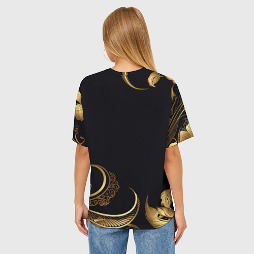 Женская футболка оверсайз Золотистые объемные листья и узоры / 3D-принт – фото 4