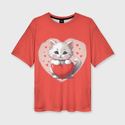 Женская футболка оверсайз Мультяшный котенок держит красное сердечко