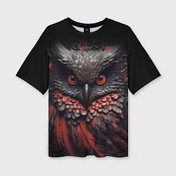 Женская футболка оверсайз Черная сова с красными крыльями