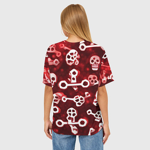 Женская футболка оверсайз Белые черепки и кости на красном фоне / 3D-принт – фото 4