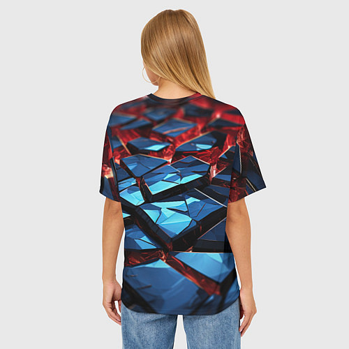 Женская футболка оверсайз Синие абстрактные плиты и красное свечение / 3D-принт – фото 4