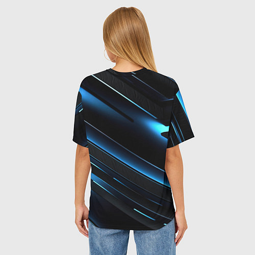 Женская футболка оверсайз Черный абстрактный фон и синие неоновые вставки / 3D-принт – фото 4