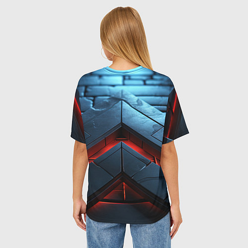 Женская футболка оверсайз Объемная плитка с красным свечением / 3D-принт – фото 4