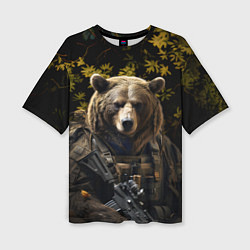 Женская футболка оверсайз Медведь солдат в ночном лесу