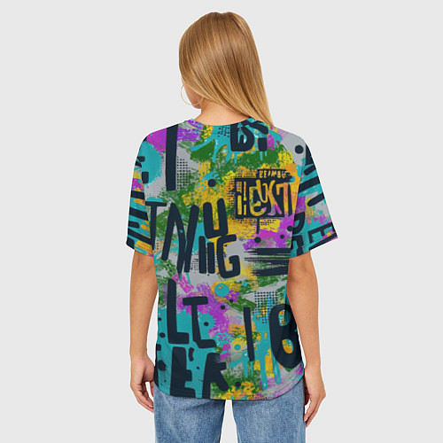 Женская футболка оверсайз Загадочный абстрактный текст на ярком фоне / 3D-принт – фото 4