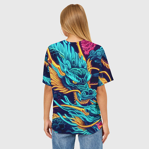 Женская футболка оверсайз Два неоновых дракона - ирезуми / 3D-принт – фото 4