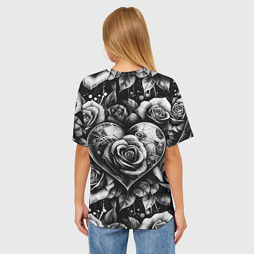 Женская футболка оверсайз Черно белое сердце и розы / 3D-принт – фото 4