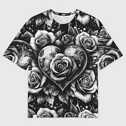 Женская футболка оверсайз Черно белое сердце и розы