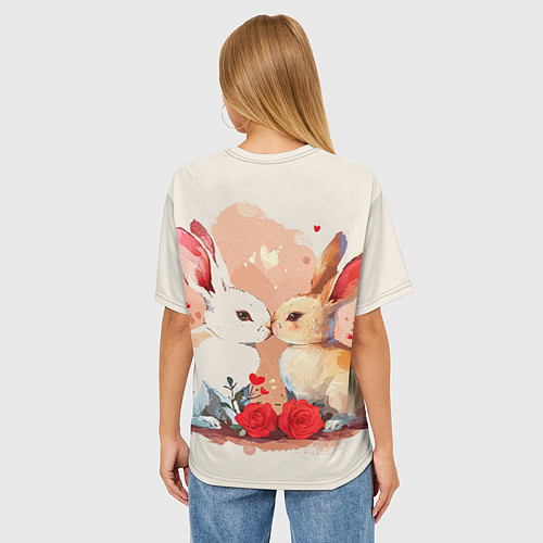 Женская футболка оверсайз Влюбленные кролики с цветочками / 3D-принт – фото 4
