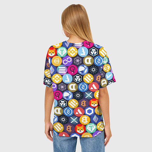 Женская футболка оверсайз Криптовалюта Биткоин, Эфириум, Тетхер, Солана патт / 3D-принт – фото 4