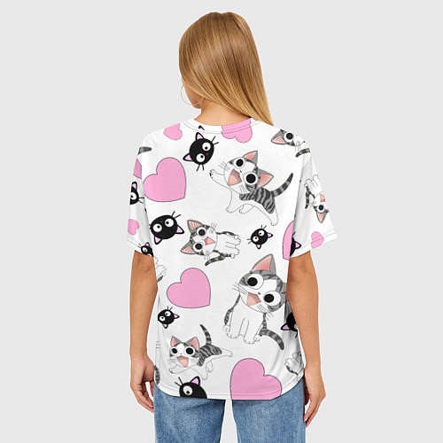 Женская футболка оверсайз Влюблённый котик аниме и сердечки / 3D-принт – фото 4
