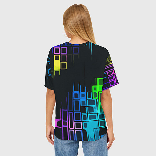 Женская футболка оверсайз Разноцветные прямоугольники на чёрном фоне / 3D-принт – фото 4