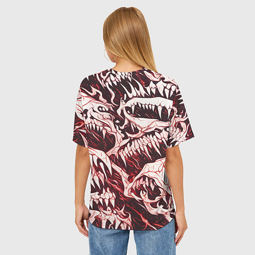Женская футболка оверсайз Белые клыки на красном фоне / 3D-принт – фото 4