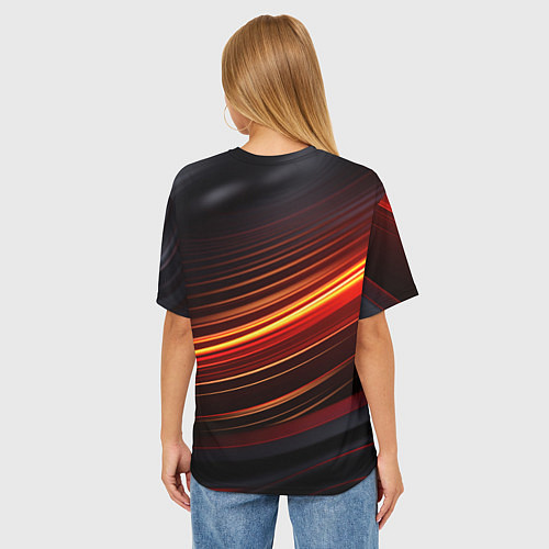 Женская футболка оверсайз Яркая оранжевая полосы на черной абстракции / 3D-принт – фото 4