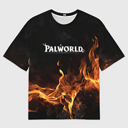 Женская футболка оверсайз Palworld логотип на черном фоне с огнем