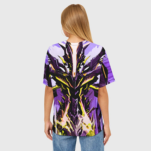 Женская футболка оверсайз Чёрно-жёлтая агрессивная абстракция на фиолетовом / 3D-принт – фото 4