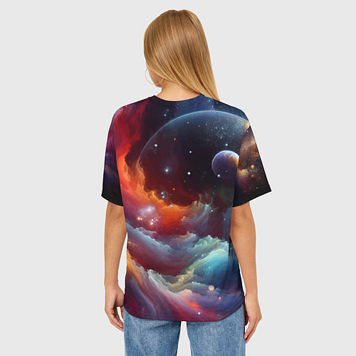 Женская футболка оверсайз Космонавт далматинец в неоновой галактике / 3D-принт – фото 4