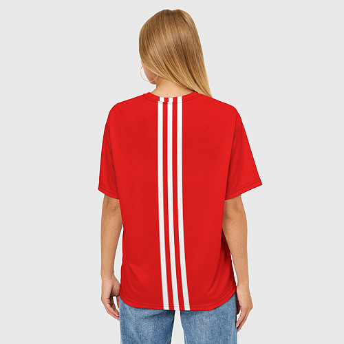 Женская футболка оверсайз Россия три полоски на красном фоне / 3D-принт – фото 4