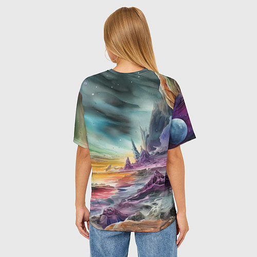 Женская футболка оверсайз Акварельный пейзаж далёкой планеты / 3D-принт – фото 4