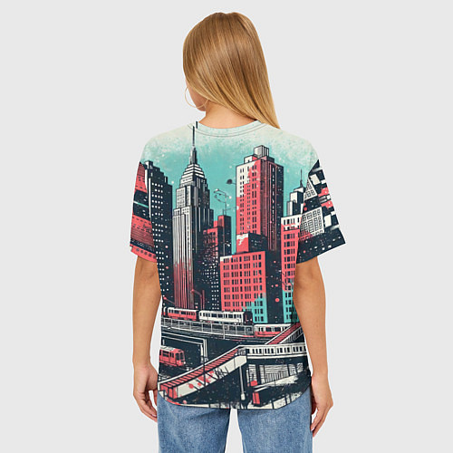 Женская футболка оверсайз Силуэты небоскребов в брызгах красной и голубой кр / 3D-принт – фото 4