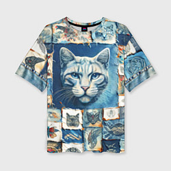 Женская футболка оверсайз Кошка на дениме - пэчворк