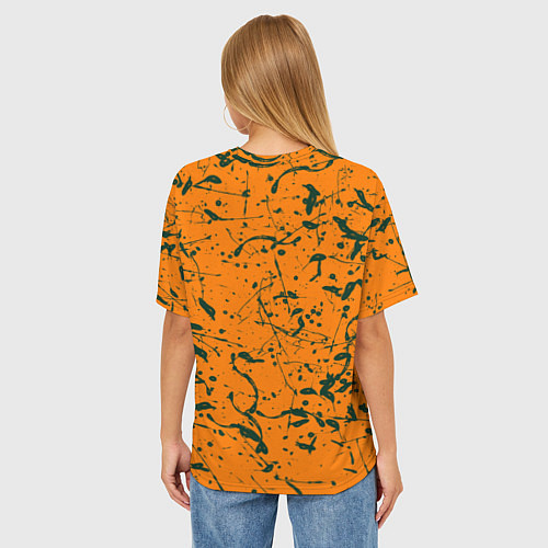 Женская футболка оверсайз Оранжевый с брызгами зеленой краски / 3D-принт – фото 4