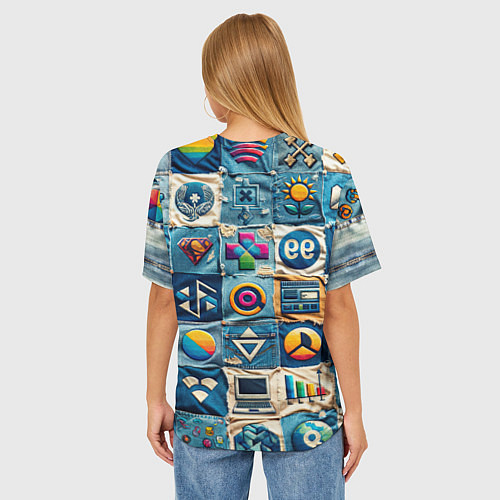 Женская футболка оверсайз Пэчворк деним из девяностых / 3D-принт – фото 4