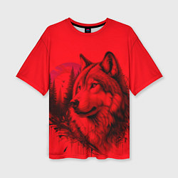 Футболка оверсайз женская Рисунок волка на красном, цвет: 3D-принт