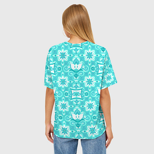 Женская футболка оверсайз Бирюзовая цветочная геометрия / 3D-принт – фото 4
