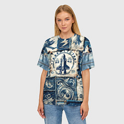 Футболка оверсайз женская Ракета на дениме- пэчворк, цвет: 3D-принт — фото 2