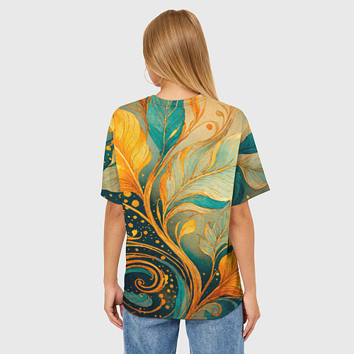 Женская футболка оверсайз Золотые и бирюзовые листья абстракция / 3D-принт – фото 4