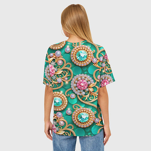 Женская футболка оверсайз Ювелирные бирюзовые украшение с золотом и бриллиан / 3D-принт – фото 4