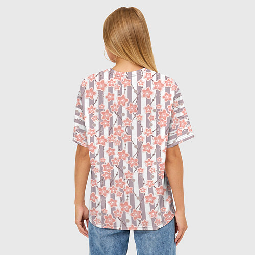 Женская футболка оверсайз Коралловые цветы на полосатом фоне / 3D-принт – фото 4