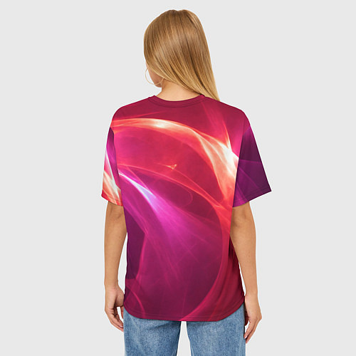 Женская футболка оверсайз Красно-розовый энергетический хаос волн / 3D-принт – фото 4