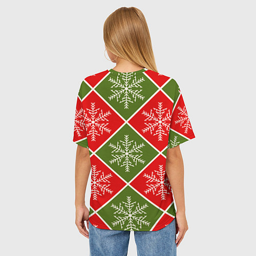 Женская футболка оверсайз Рождественский паттерн со снежинками в ромбах / 3D-принт – фото 4
