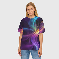 Футболка оверсайз женская Радужные неоновые волны и разводы на черном фоне, цвет: 3D-принт — фото 2