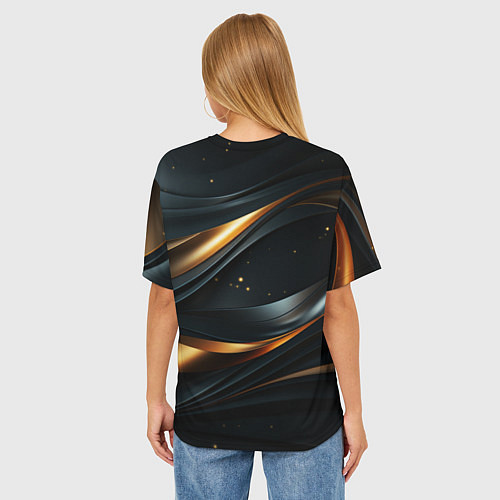 Женская футболка оверсайз Черная абстракция с золотыми изгибами / 3D-принт – фото 4