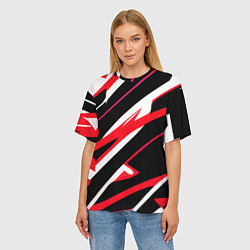 Футболка оверсайз женская Красно-белые полосы на чёрном фоне, цвет: 3D-принт — фото 2