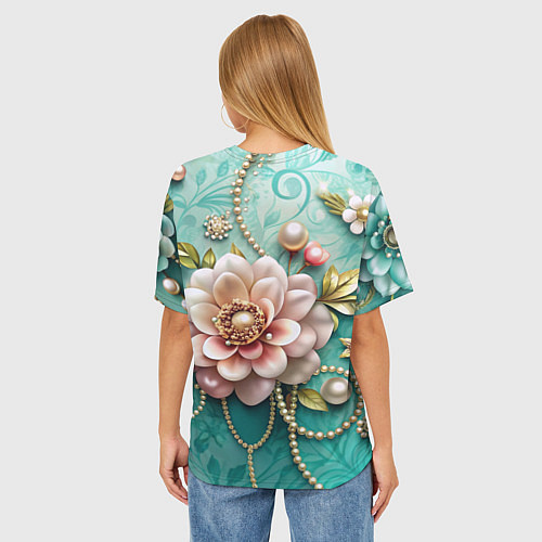 Женская футболка оверсайз Объемные цветы и жемчуг / 3D-принт – фото 4