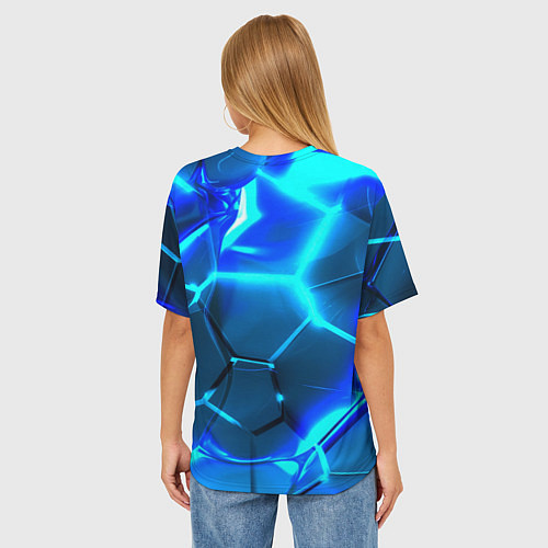 Женская футболка оверсайз Неоновые холодные голубые плиты в разломе / 3D-принт – фото 4