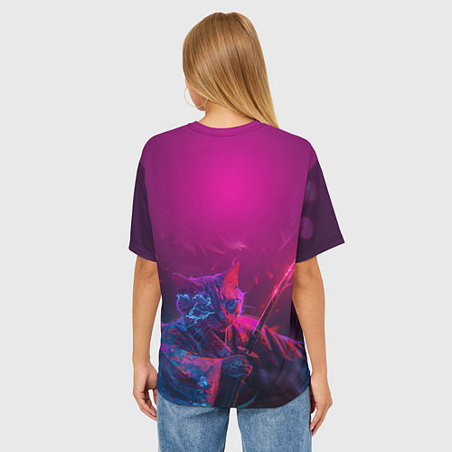 Женская футболка оверсайз Кот самурай с катаной киберпанк / 3D-принт – фото 4