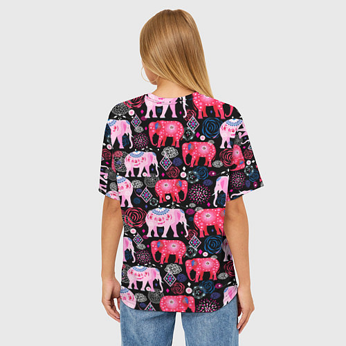 Женская футболка оверсайз Орнамент разноцветных слонов / 3D-принт – фото 4