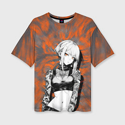 Женская футболка оверсайз Татуированная девушка на оранжевом фоне