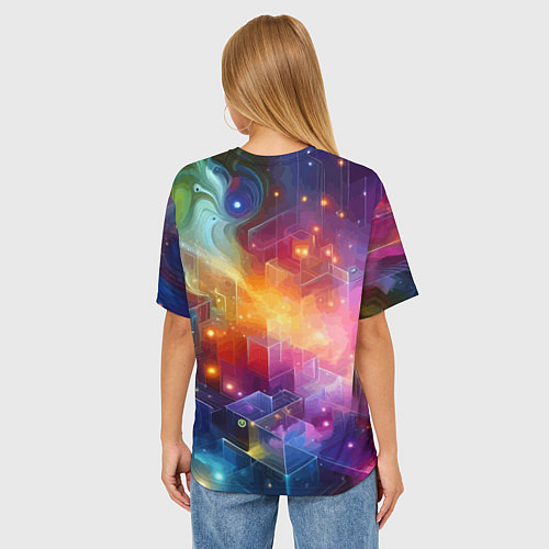 Женская футболка оверсайз Геометрический неоновый космос - нейросеть / 3D-принт – фото 4