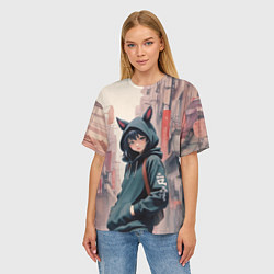 Футболка оверсайз женская Девушка в худи с ушками, цвет: 3D-принт — фото 2