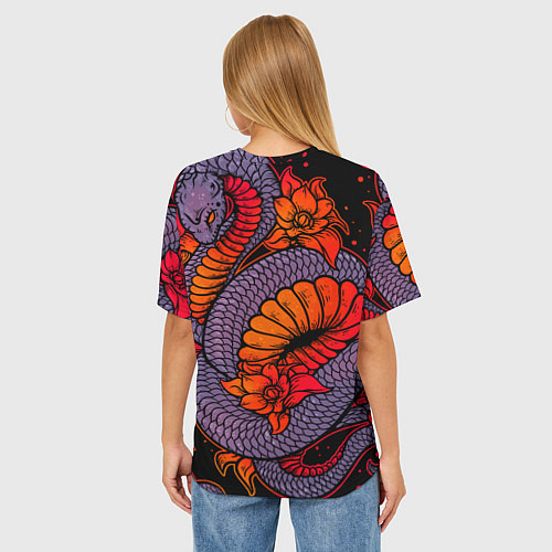 Женская футболка оверсайз Цветы и змея - Японский стиль / 3D-принт – фото 4