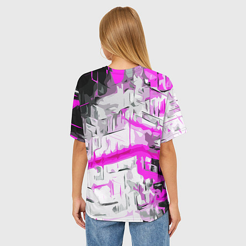 Женская футболка оверсайз Бело-розовая абстракция на чёрном фоне / 3D-принт – фото 4